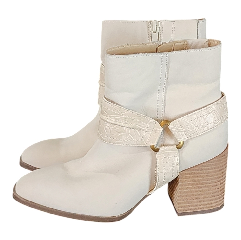 Vionic Carnelia Ivory Soft Leather Ankle Boots Western Block Heel Size 6